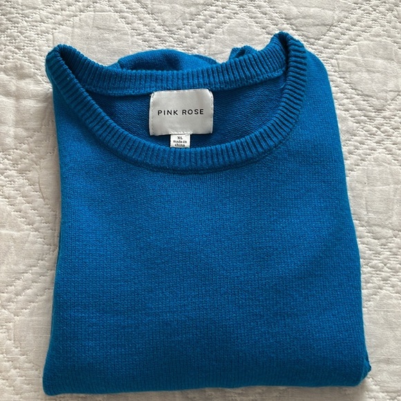 Pink Rose Puff Sleeve & Ribbed Hem Crew Neck Sweater Blue Sz M/L - Picture 12 of 13